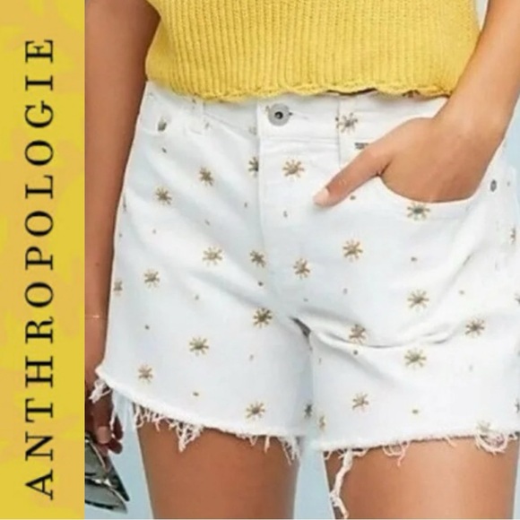 Anthropologie Pants - PILCRO AND THE LETTERPRESS STARBURST DAISY EMBROIDERED WHITE SHORTS SLIM BF FIT